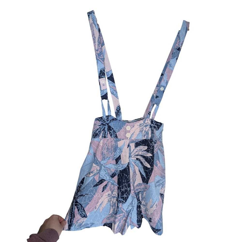 Vintage 90s Stepping Up Tropical‎ Leaf Suspender Shorts Pastel Blue Pink USA L